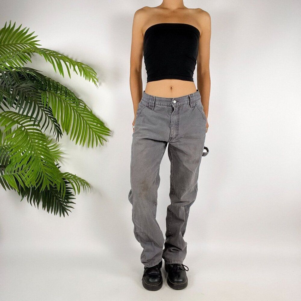 Vintage 90s Grunge Gorpcore Low Rise Gray Distressed Carpenter Cargo Jeans / 6